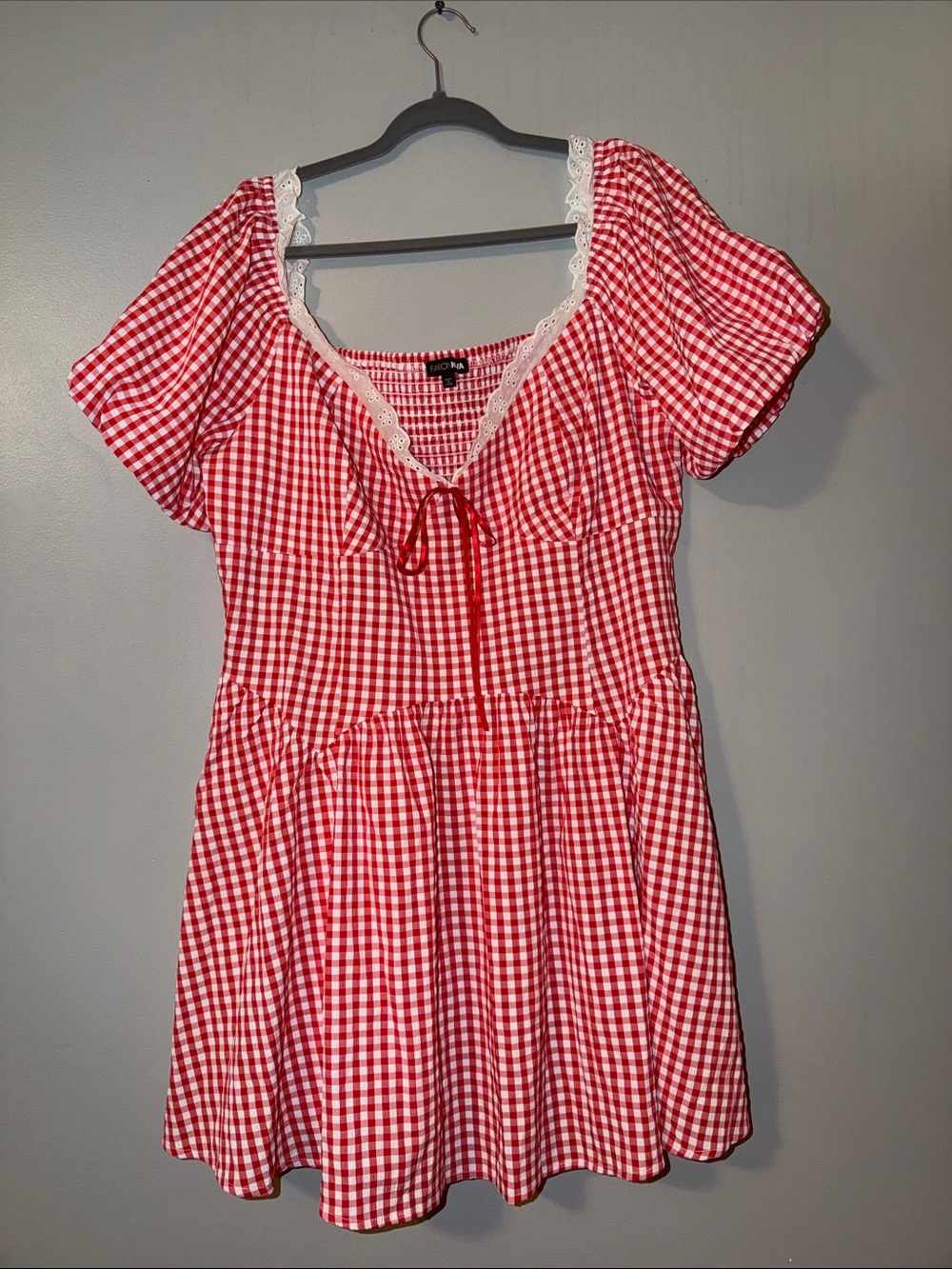 Cute Fashion Nova Red Gingham Mini Dress with White Lace Trim